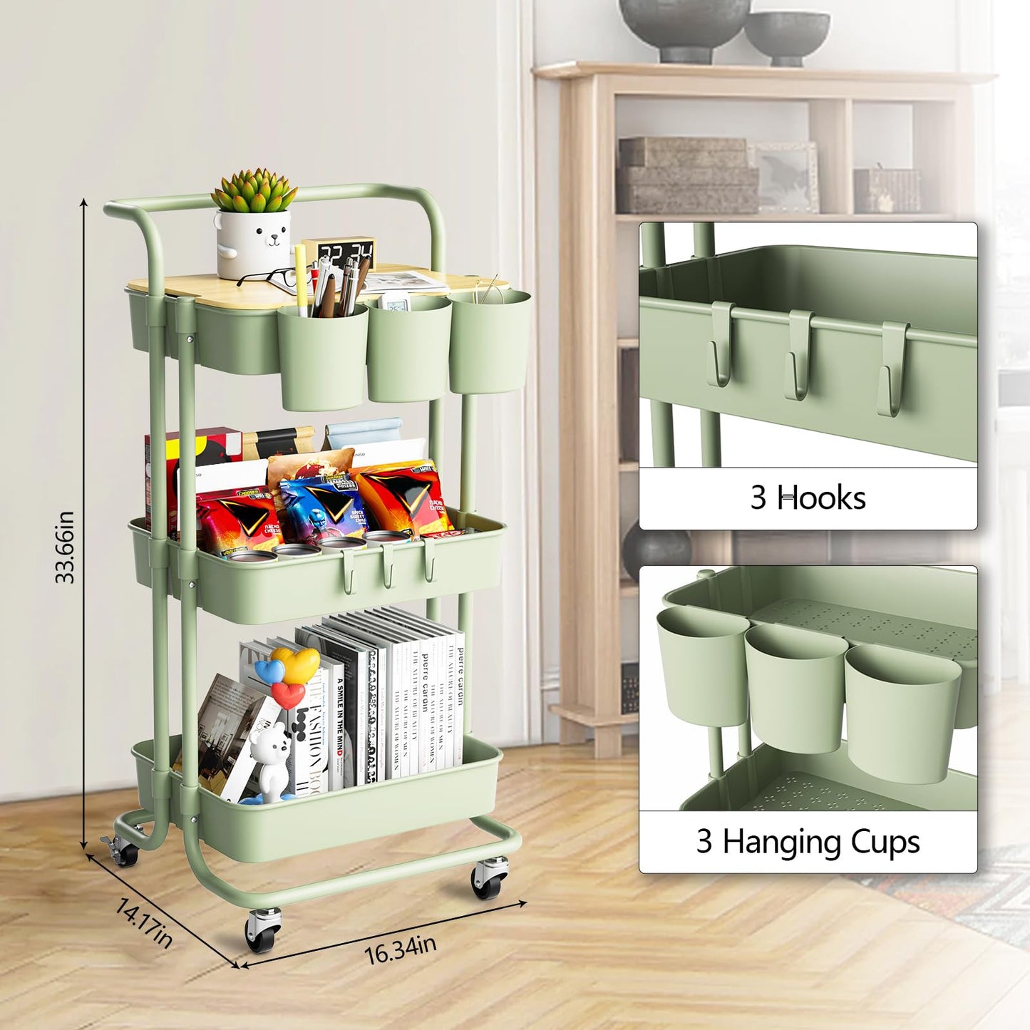 3 Tier Rolling Cart with Metal Handle, Table Top, Hanging Cups, Hooks, Plastic Storage Baskets& Wheels Lockable, Utility Cart for Bathroom Classroom Office Kitchen Pantry Organizers and Storage, Green