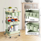 3 Tier Rolling Cart with Metal Handle, Table Top, Hanging Cups, Hooks, Plastic Storage Baskets& Wheels Lockable, Utility Cart for Bathroom Classroom Office Kitchen Pantry Organizers and Storage, Green NRSUEN