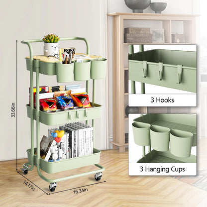 3 Tier Rolling Cart with Metal Handle, Table Top, Hanging Cups, Hooks, Plastic Storage Baskets& Wheels Lockable, Utility Cart for Bathroom Classroom Office Kitchen Pantry Organizers and Storage, Green