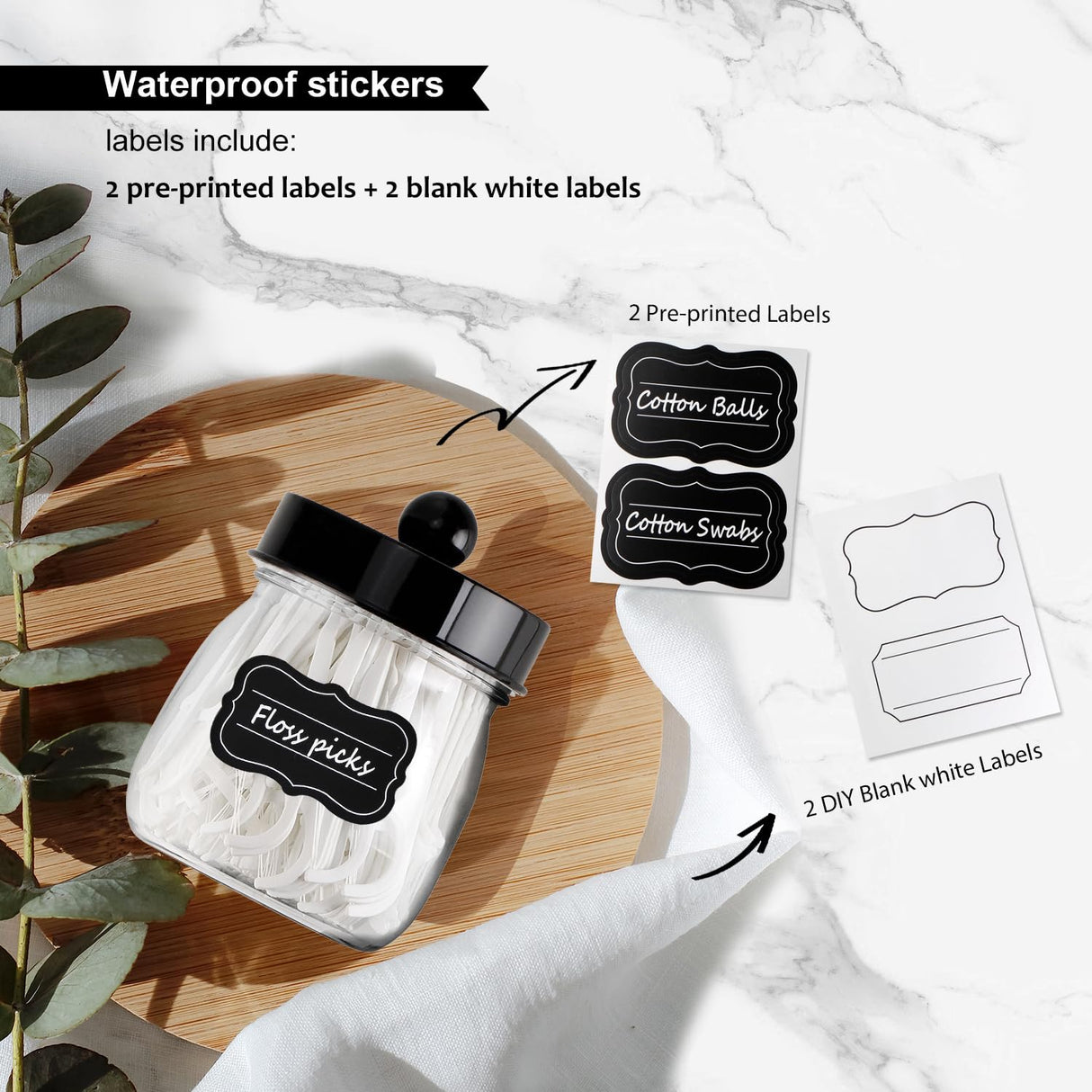 Farmhouse Decor Apothecary Jar Set,Mason Jar Bathroom Vanity Storage Organizer Canister - Qtip Holder Plastic Acrylic Jar for Cotton Swabs,Cotton Pads,Floss Picks,Paper Clips,Hair Clips(2 Pack,Black) SheeChung