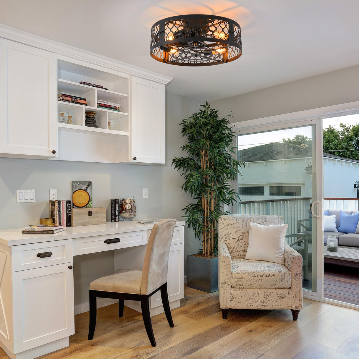 Garwarm 20in Caged Ceiling Fan with Light,Bladeless Black Fandelier Ceiling Fan with Remote,Industrial Farmhouse Flush Mount Ceiling Fan Light Fixtures for Kitchen,Bedroom, Living room（6 Speed,Timing） Garwarm