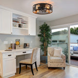 Garwarm 20in Caged Ceiling Fan with Light,Bladeless Black Fandelier Ceiling Fan with Remote,Industrial Farmhouse Flush Mount Ceiling Fan Light Fixtures for Kitchen,Bedroom, Living room（6 Speed,Timing） Garwarm