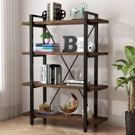 Rustic Solid Wood 4-Tier Bookshelf with Metal Frame – Distressed Brown Finish AY-AOYUAN