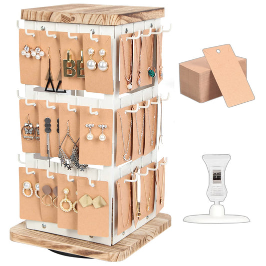 Jewelry Display for Vendors Rotating Earring Tower Holder Organizer, Jewelry Display Rack, Vintage Farmhouse Style Stand for Necklaces, Piercings with 48 Hooks and Wood Tray White Metal Shelf -MK1073B