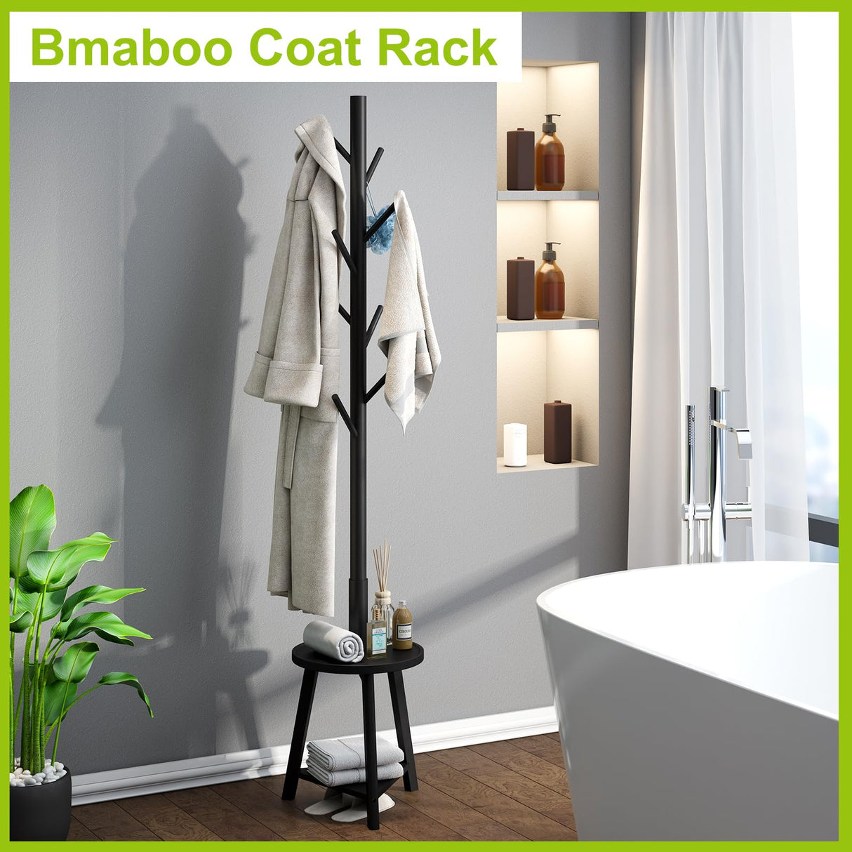 BMOSU Coat Rack freestanding Stand with Shelf Bamboo Wooden Coat Tree Easy Assembly 8 Hooks Standing Jackets Hanger Hallway Office Floor Coat Stand Black BMOSU