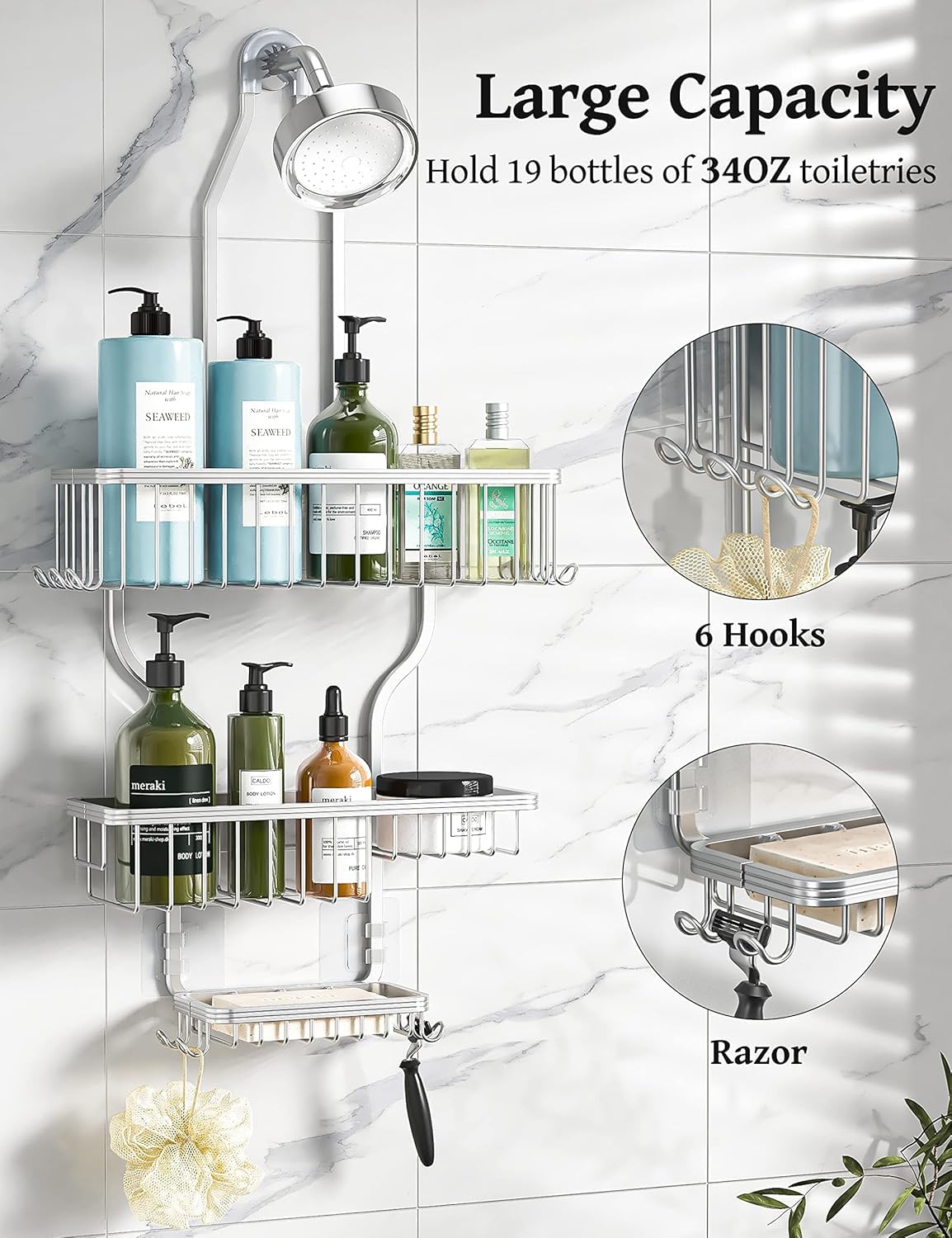 YASONIC Shower Caddy Hanging - Never Rust Shower Organizer - Aluminum Over The Head Caddy with 10 Hooks for Razor/Sponge - Rack with Soap Basket - Silver YASONIC