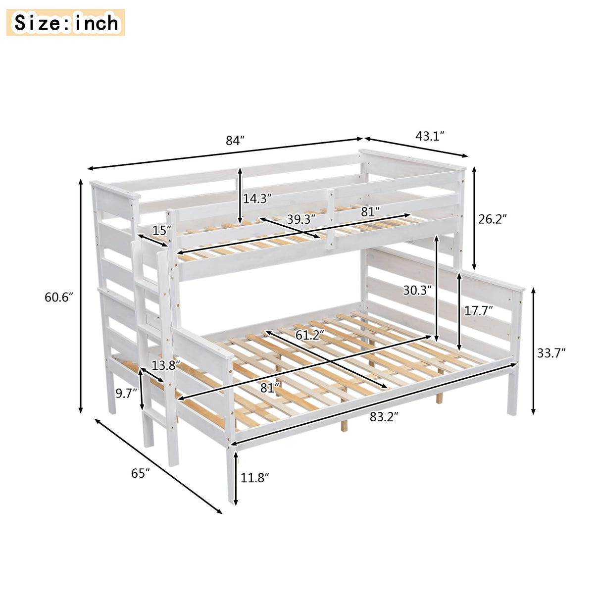 Kntyr Upgraded Version Thicken Solid Wood Twin XL Over Queen Bunk Bed, Best Wooden Twin Over Queen Bunk Bed, Bunkbed Frame Queen Size, Convertible into 2 Beds, Easy to Assemble for Adult (White) Kntyr