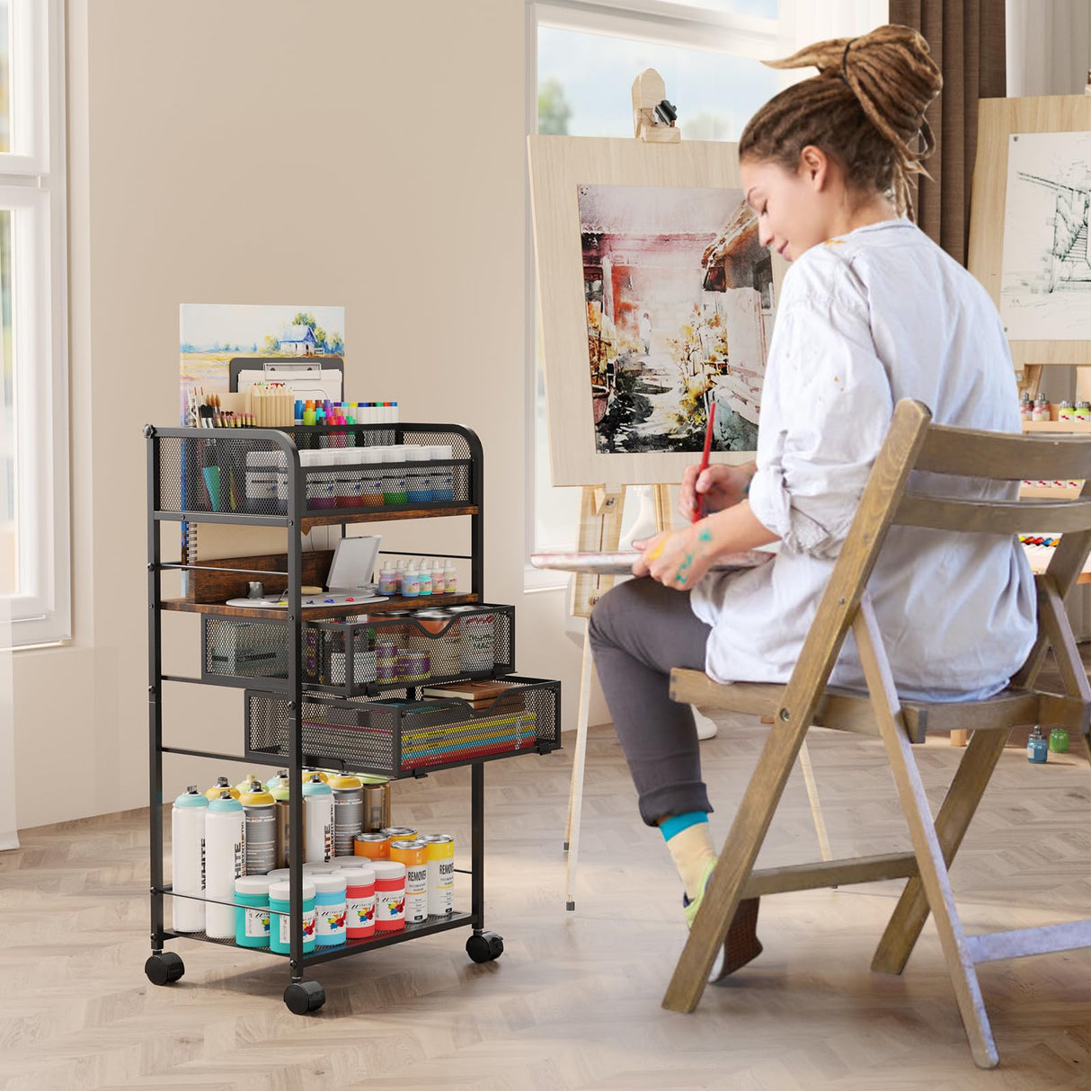 Art cart, 5 Tier Rolling Cart - Utility Cart with Storage Drawer and Wheels, Versatile Art & Craft Organizer for Home, Office, or Studio Ideal for Storing Brushes, Paints Homsorout