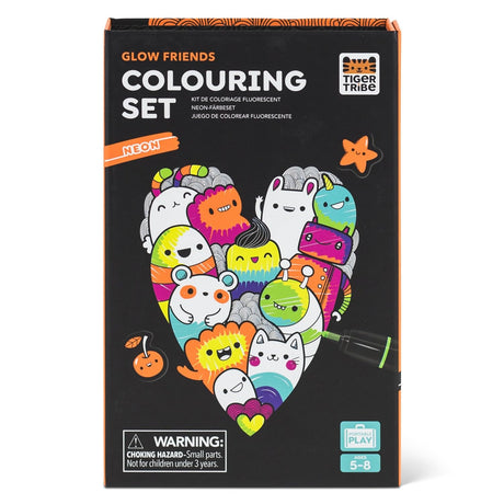 Tiger Tribe Neon Coloring Set - Glow Friends, Cute Activity Set for Kids, incl. Stickers & Markers, Portable, Perfect for Travel, Great Gift Tiger Tribe