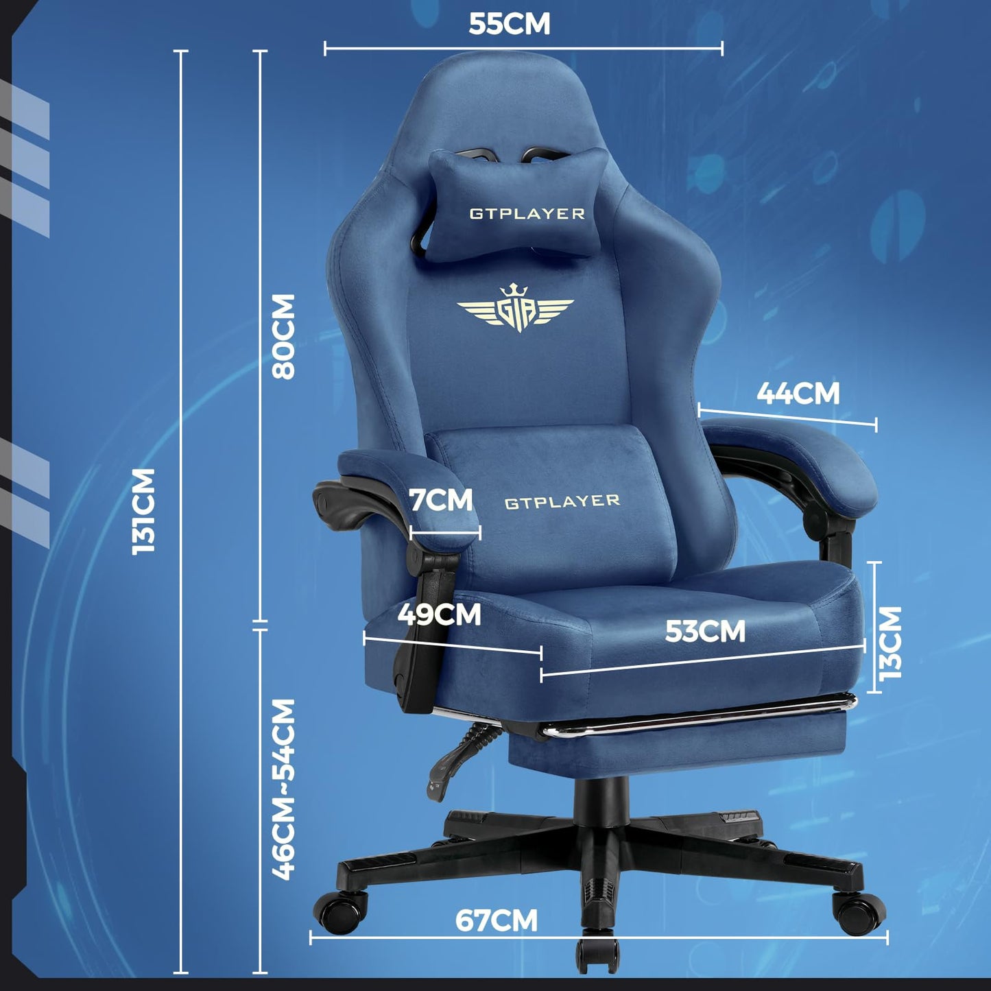 GTPLAYER Gaming Chair Fabric with Pocket Spring Cushion, Big and Tall Gaming Chair 350LBS High Back Computer Chair with Footrest for Adults Lumbar Support Swivel Game Chair for Office Gaming Blue