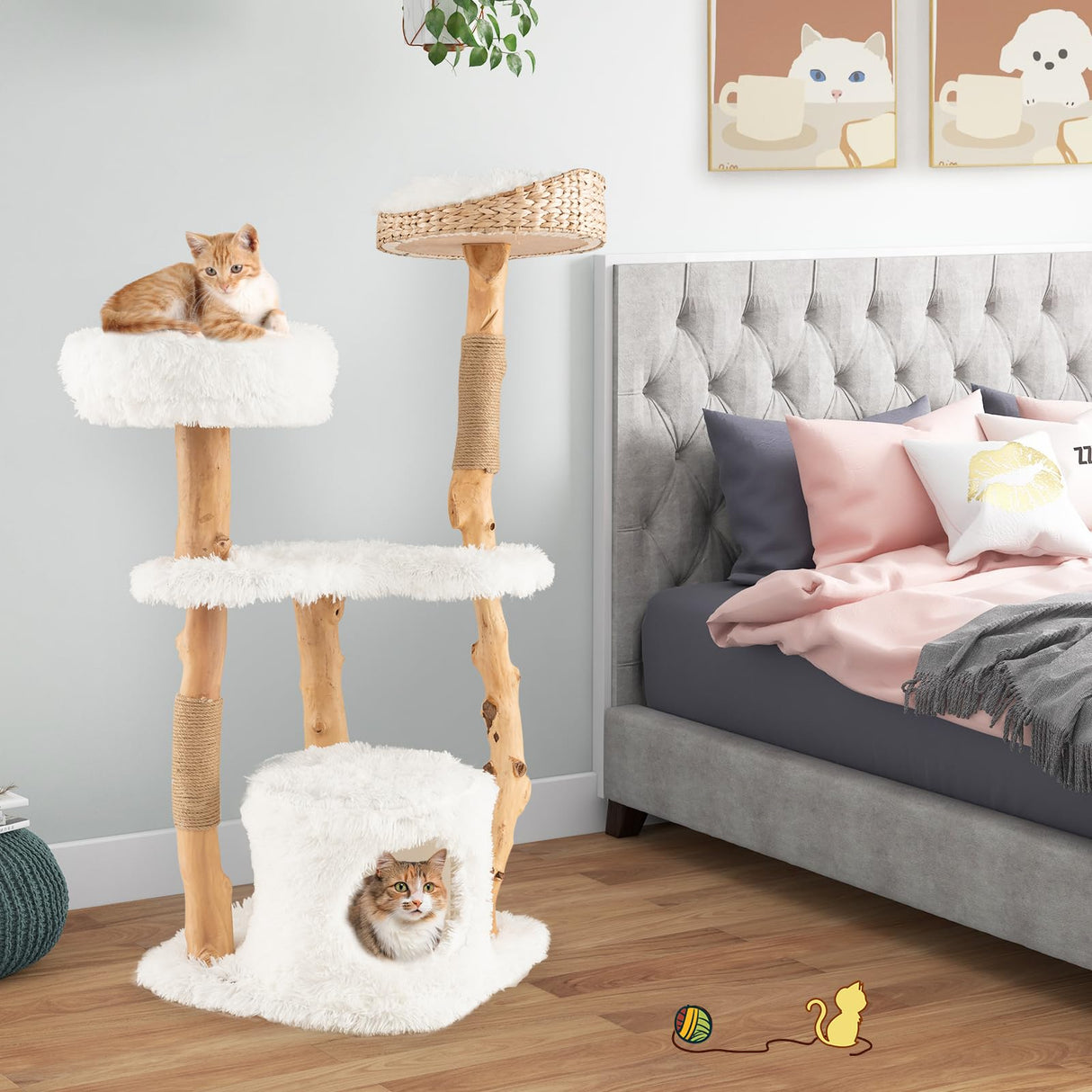 PETSITE 49" Tall Wooden Cat Tree, Solid Wood Cat Tower with Jute Scratching Posts, Cat Condo, Cattail Fluff Top Perch, Multi-Layer Cat Activity Center, Modern Cat Climbing Furniture for Indoor Cats PETSITE