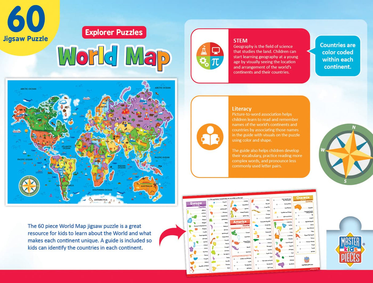 MasterPieces 60 Piece Educational Jigsaw Puzzle for Kids - World Map - 16.5"x12.75" Masterpieces