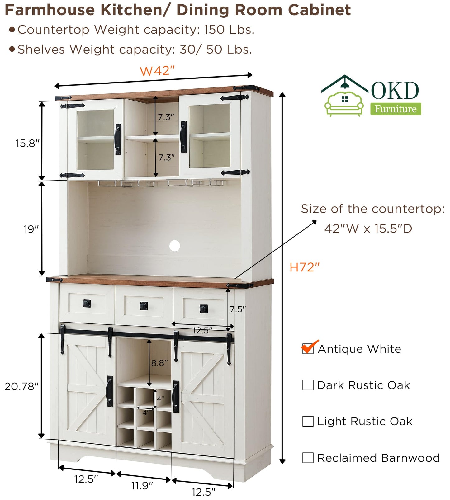 OKD Farmhouse Hutch Buffet Cabinet with Storage, 72" Large Coffee bar Sideboard Table with Sliding Barn Door, Drawer, Wine & Glass Rack, Rustic Wine Cabinet for Kitchen, Antique White - WoodArtSupply