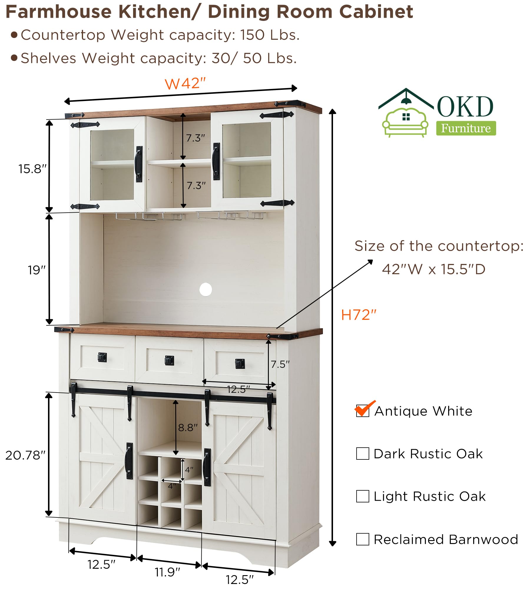 OKD Farmhouse Hutch Buffet Cabinet with Storage, 72" Large Coffee bar Sideboard Table with Sliding Barn Door, Drawer, Wine & Glass Rack, Rustic Wine Cabinet for Kitchen, Antique White - WoodArtSupply