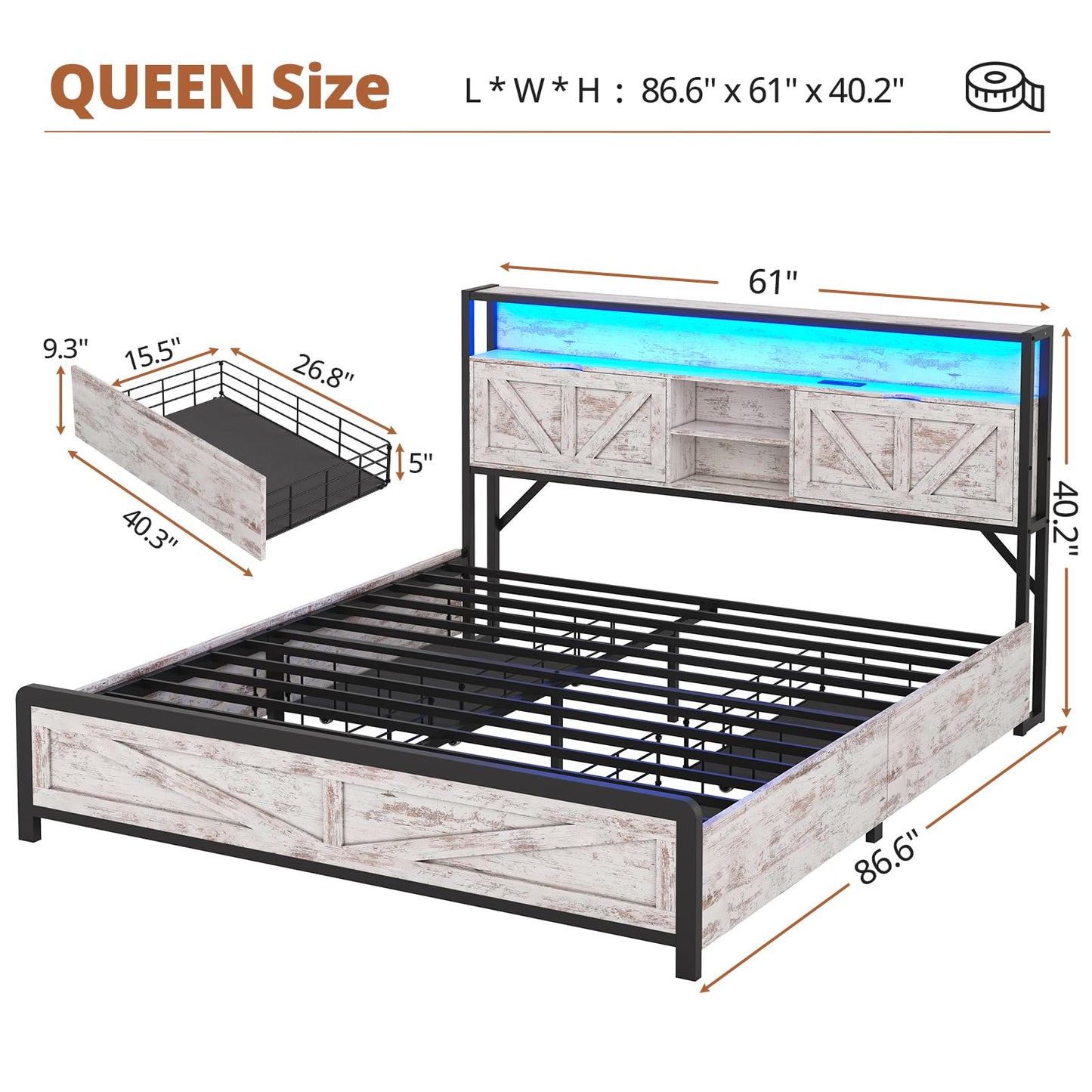 BTHFST Queen Bed Frame with Headboard & Drawers, Farmhouse LED Queen Bed with USB-C/A Charging Station, Headboard with Hidden Storage, No Box Spring Needed, Washed Oak Grey