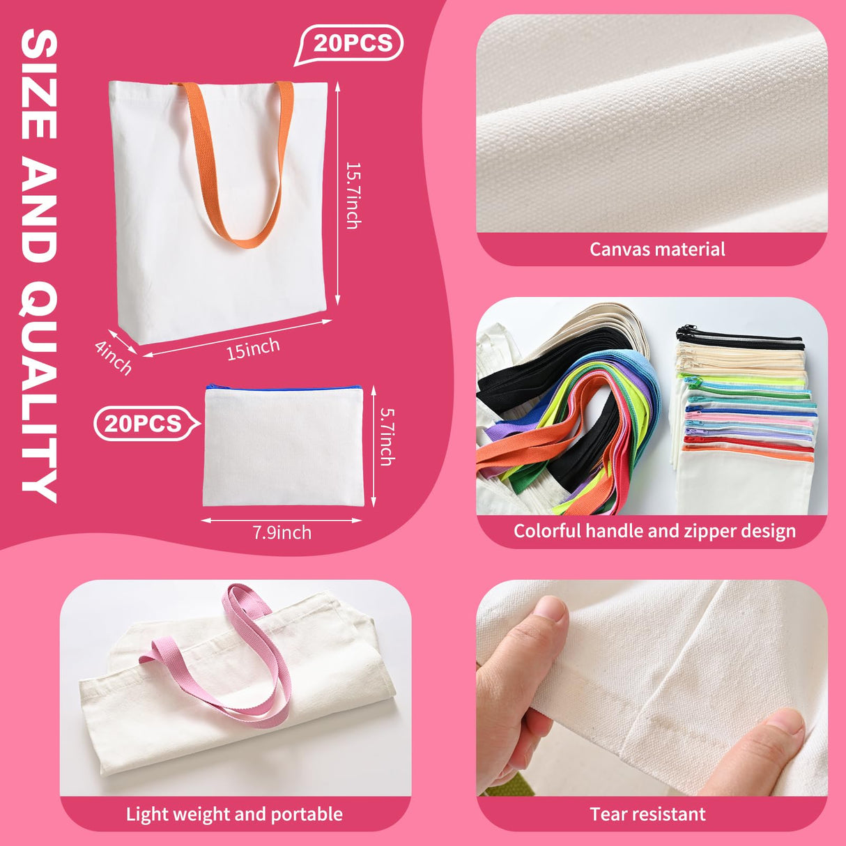 MAFYE 40 Pack Sublimation Blanks Canvas Tote bag, Reusable Large Grocery Bags DIY Heat Transfer Cosmetic Makeup Bags Shopping Bags with Matched Color for DIY, Advertising, Christmas Craft Present MAFYE