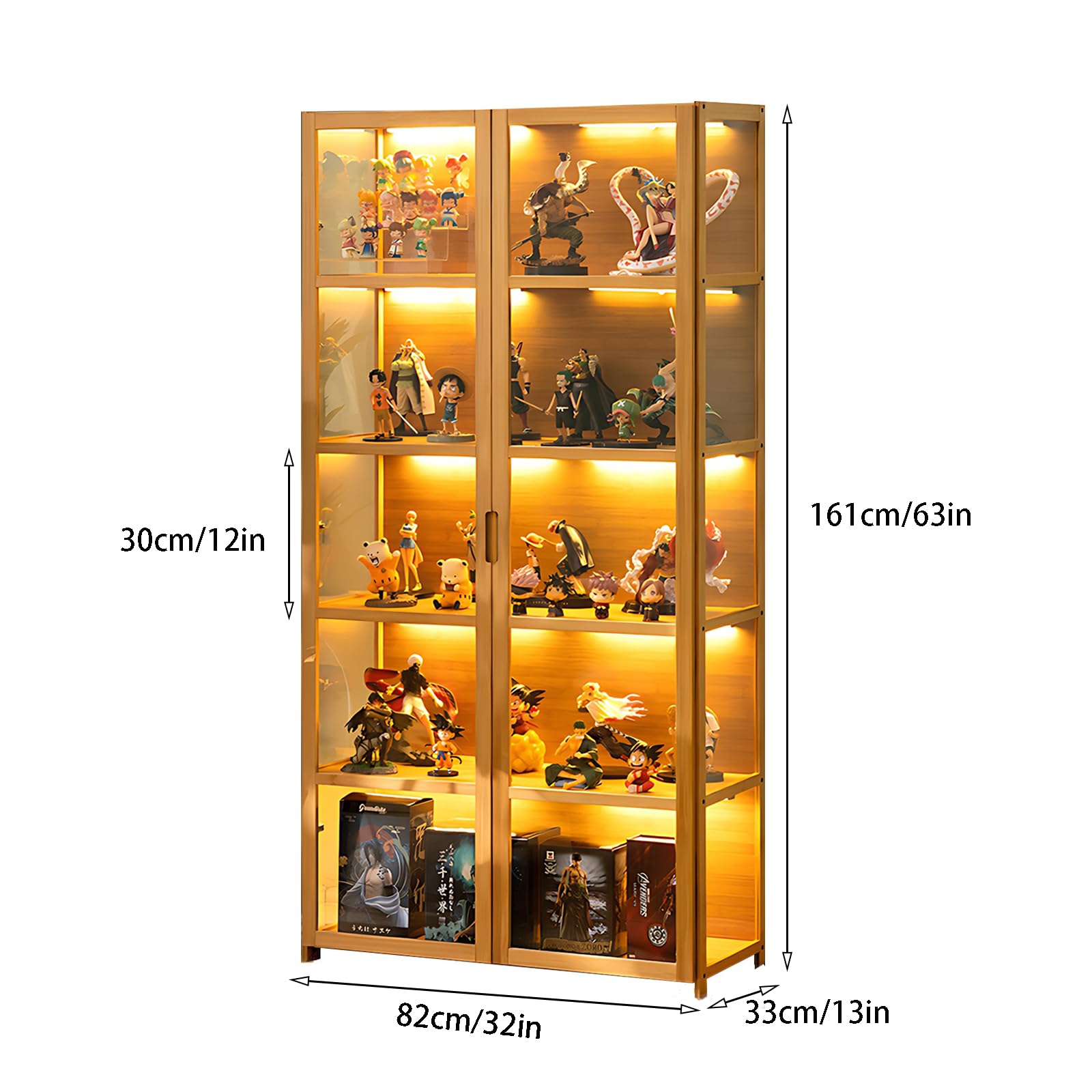 5-Tier Curio Display Cabinet, Storage Shelves with Acrylic Door, Collectibles Toy Organizers Rack & Display Shelf, Display Case for Playroom Bedroom Toddler's Room Kids Bookcase (Wooden doubl - WoodArtSupply