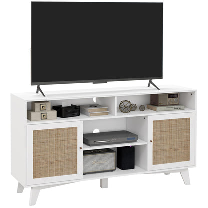 HOMCOM Boho TV Stand for 65 Inch TVs, Entertainment Center with Storage, Media TV Console Table with Rattan Doors, Adjustable Shelves and 2 Cord Holes for Living Room, White - WoodArtSupply