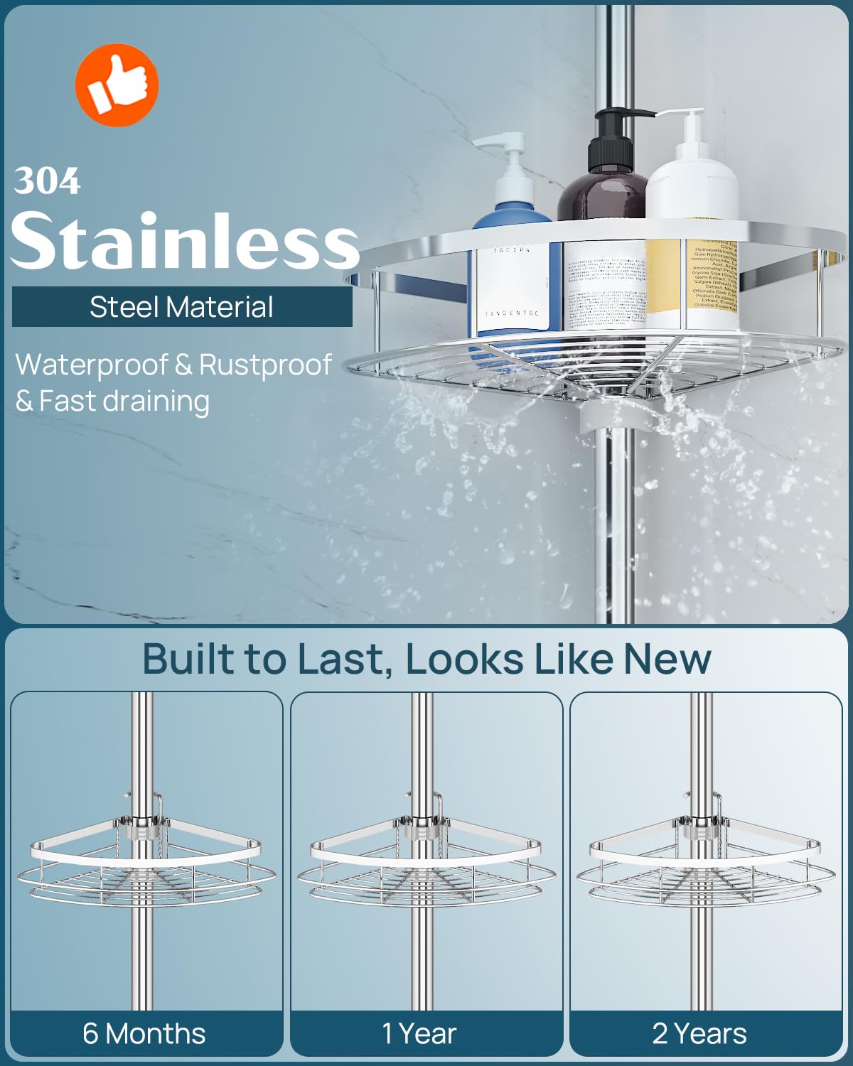 SEIRIONE Rustproof Shower Corner Caddy Organizer for Bathroom, 4 Adjustable Shelves with Tension Pole, for Bathtub Shampoo Accessories Storage Holder, 34 to 116 Inch Height SEIRIONE