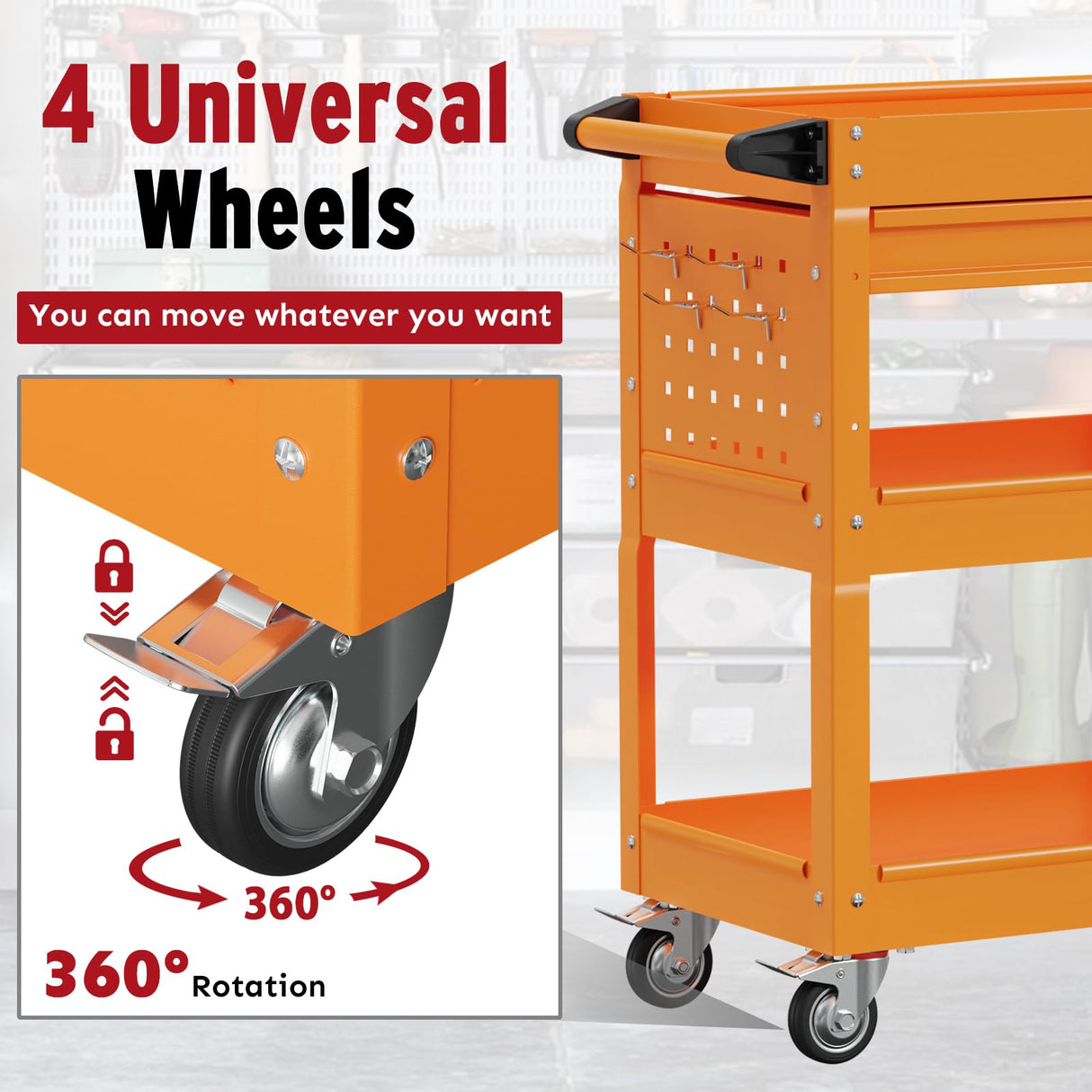 Cemostey 3-Tier Rolling Utility Cart, Heavy Duty Tool Cart on Wheels, Metal Service Cart with Locked Drawers for Garage, Warehouse and Repair Shop (Orange) Cemostey