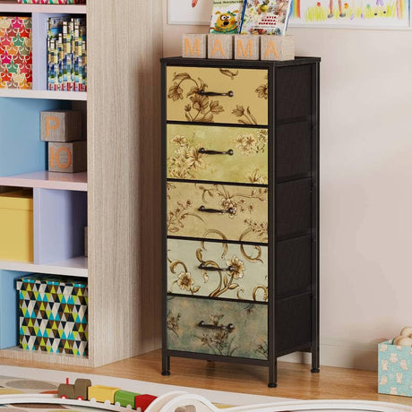 Furnulem Vertical Dresser for Bedroom, Tall Skinny Storage Tower with 5 Fabric Drawers, Chest of Drawers for Living Room, Dorm, Entryway, Vintage Furniture, Wood Top Furnulem