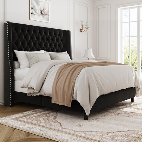 SEREINEY Full Bed Frame with 55" Tall Headboard, Upholstered Bed Frames, Soft Fabric, Button Tufted Headboard with Windback, Platform Bed, Noise-Free, No Box Spring Needed, Black SEREINEY