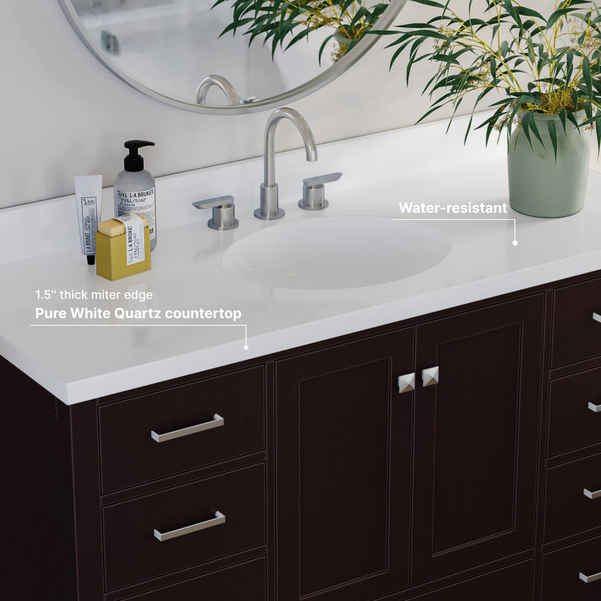 ARIEL Bathroom Vanity 55" Inch with Pure White Quartz Countertop and Oval Sink in Espresso, 2 Soft Closing Doors, 9 Full Extension Dovetail Drawers, with Backsplash, No Mirror ARIEL