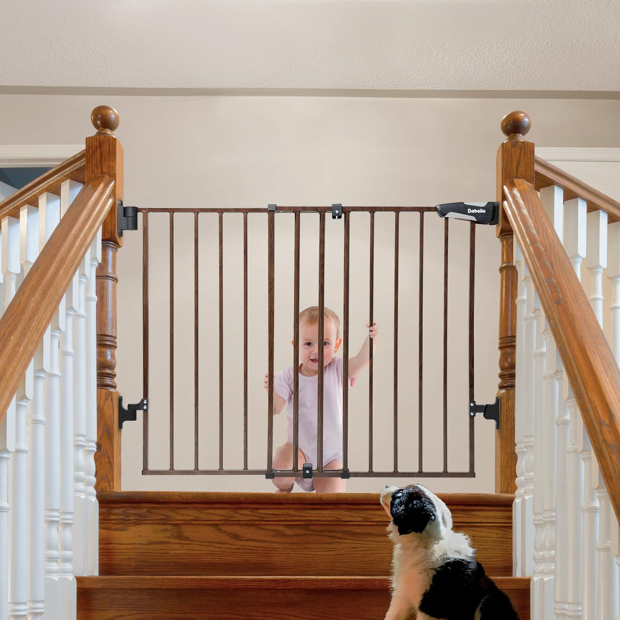 Babelio 26-43" No Bottom Bar Baby Gate for Babies, Elders and Pets, 2-in-1 Hardware Mount Dog Gate for The House, Stairs and Doorways, with Large Walk Thru Door, Black Wood Pattern BABELIO