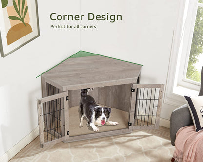 beeNbkks Furniture Dog Crate Corner, Dog Kennel Corner Wooden End Table with Cushion, Indoor Pet Crates Corner Side Table for Dogs, Wide Top Perfect for Limited Room(Large, Weathered Gray) - WoodArtSupply