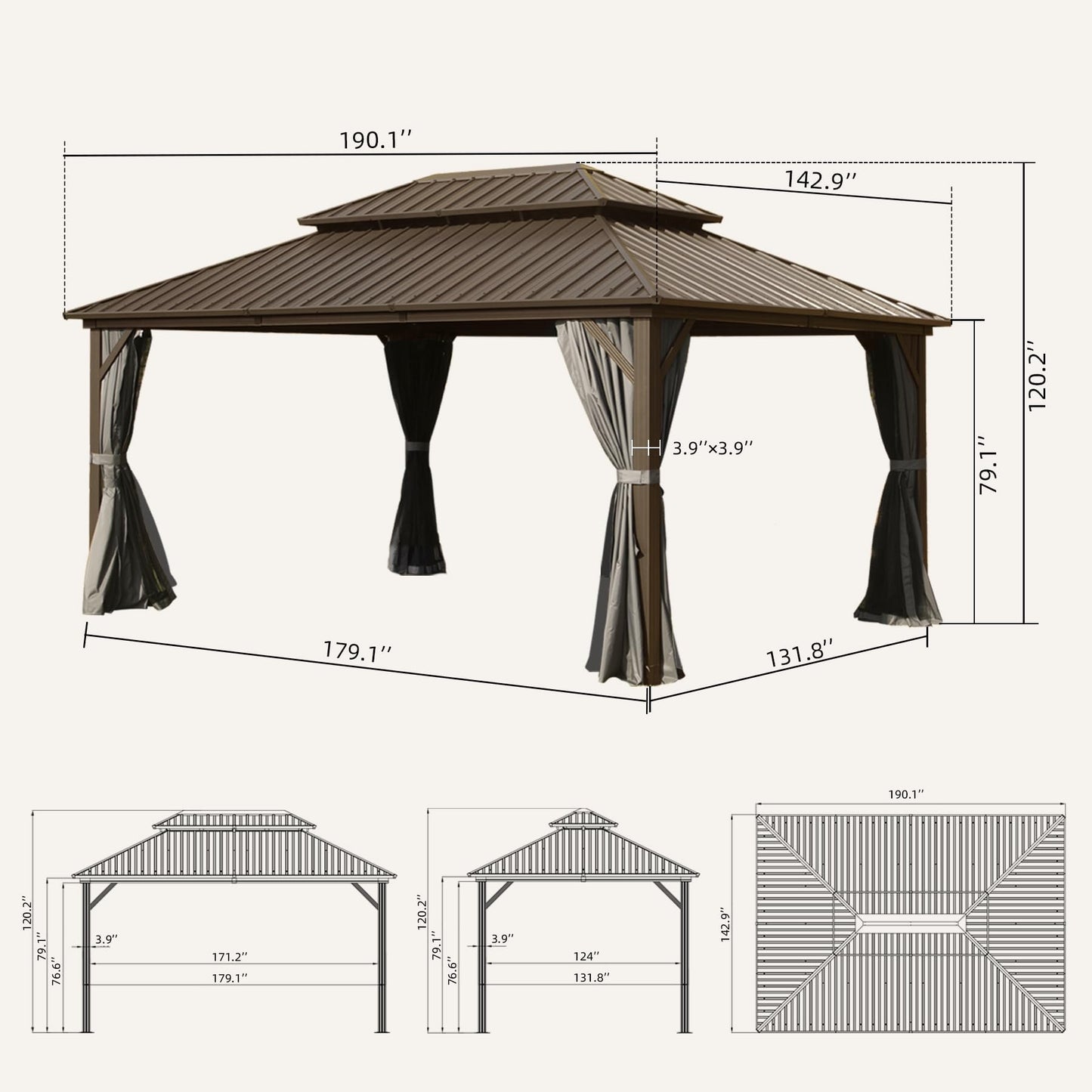 Domi 12' X 16' Hardtop Gazebo, Aluminum Metal Gazebo with Galvanized Steel Double Roof Canopy, Curtain and Netting, Permanent Gazebo Pavilion for Party, Wedding, Outdoor Dining, Brown