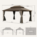 Domi 12' X 16' Hardtop Gazebo, Aluminum Metal Gazebo with Galvanized Steel Double Roof Canopy, Curtain and Netting, Permanent Gazebo Pavilion for Party, Wedding, Outdoor Dining, Brown domi outdoor living