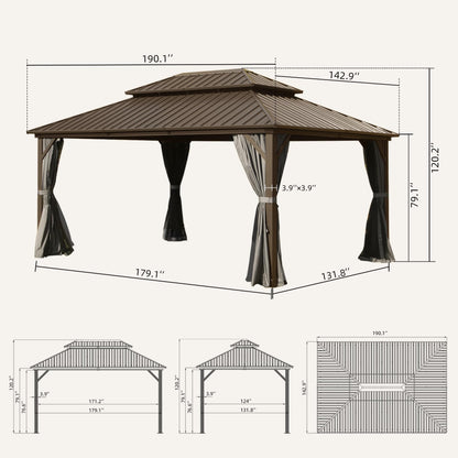 Domi 12' X 16' Hardtop Gazebo, Aluminum Metal Gazebo with Galvanized Steel Double Roof Canopy, Curtain and Netting, Permanent Gazebo Pavilion for Party, Wedding, Outdoor Dining, Brown - WoodArtSupply