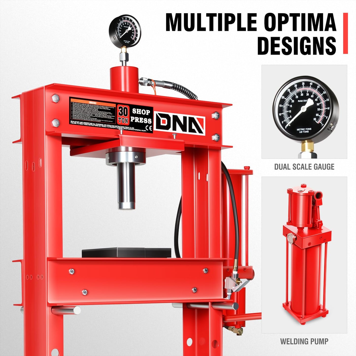 DNA MOTORING 30 Ton Air Hydraulic Shop Press with Plates, H-Frame Garage Floor Press, 30T / 66139lbs, Adjustable Working Table Height, TOOLS-00292, Red - WoodArtSupply