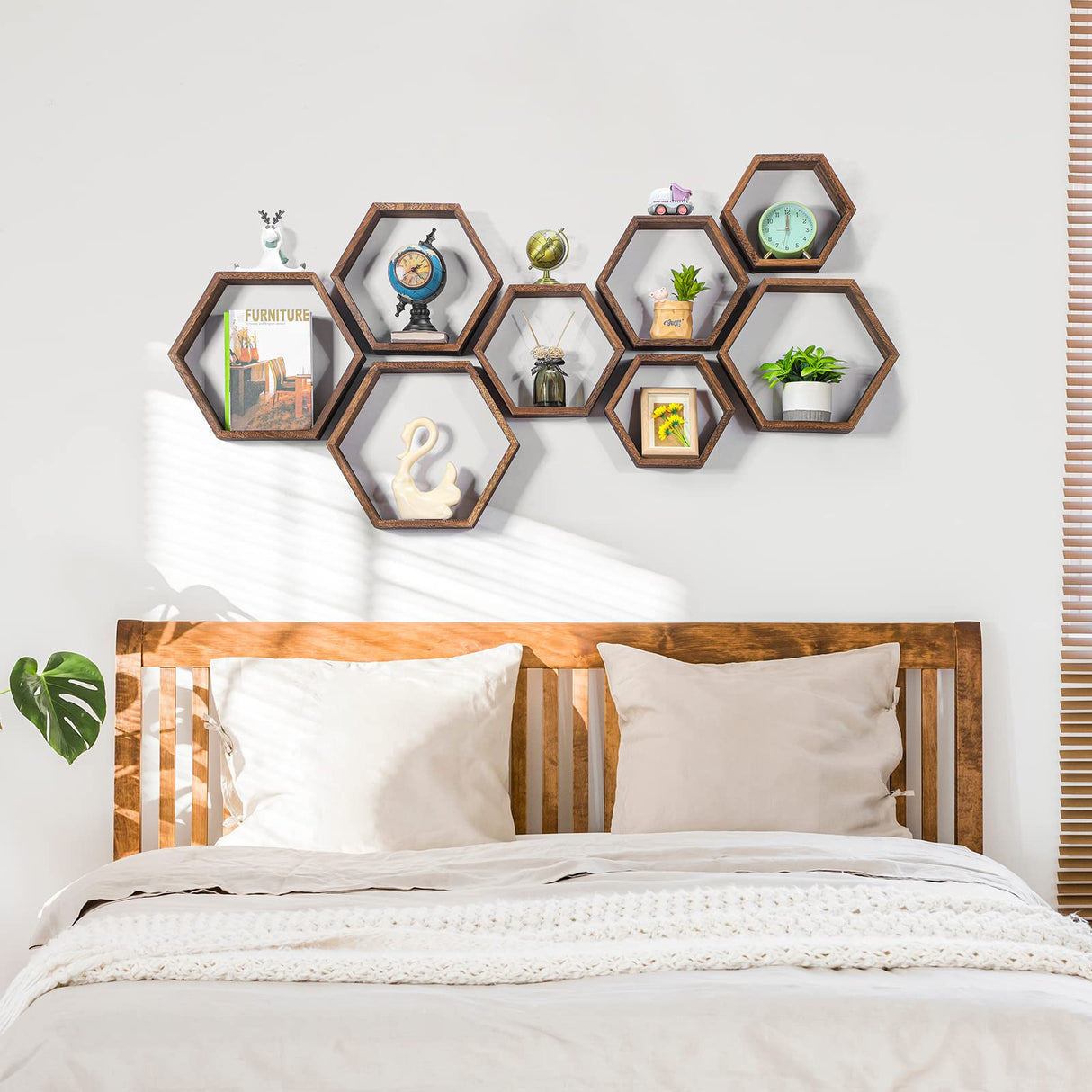 Hexagon Floating Shelves Set of 8 Wood Hexagonal Shelves Brown Wall Decor and Storage Racks for Living Room Floating Honeycomb Plants Shelf Farmhouse Wall Hexagon Hanging Shelf for Bedroom Home CADUKE