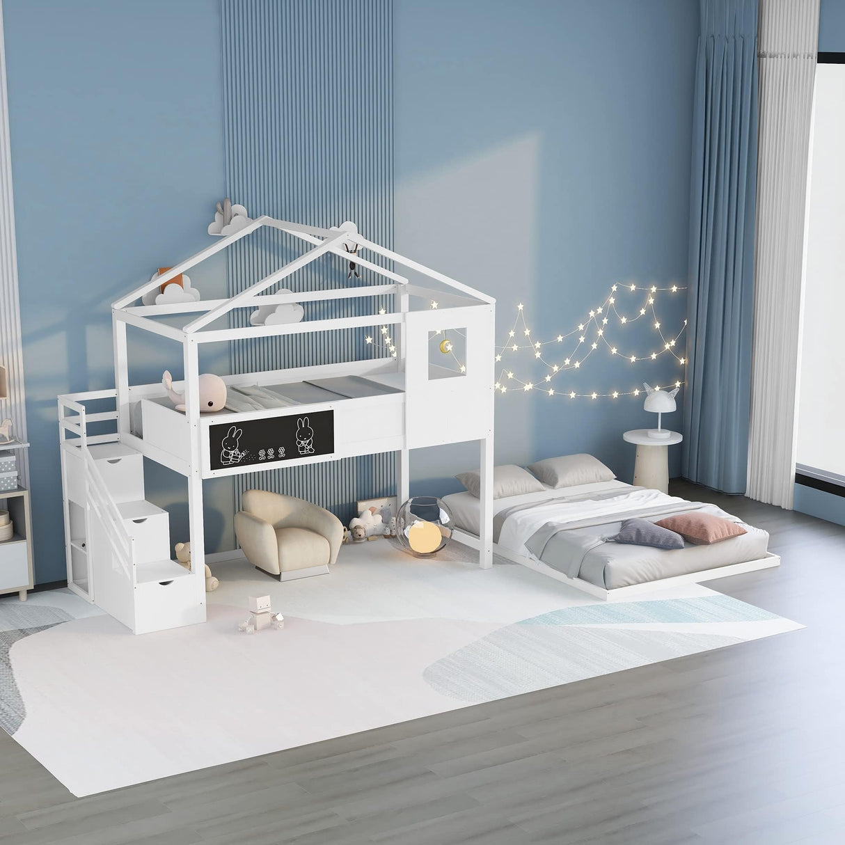 Merax Twin Over Full House Bunk Bed with Storage Staircase & Blackboard, Wood Kids Bunk Bed with Roof and Safety Guardrails, Playhouse Bunk Beds for Kids, Teens, Adults, No Box Spring Required, White Merax