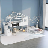 Merax Twin Over Full House Bunk Bed with Storage Staircase & Blackboard, Wood Kids Bunk Bed with Roof and Safety Guardrails, Playhouse Bunk Beds for Kids, Teens, Adults, No Box Spring Required, White Merax