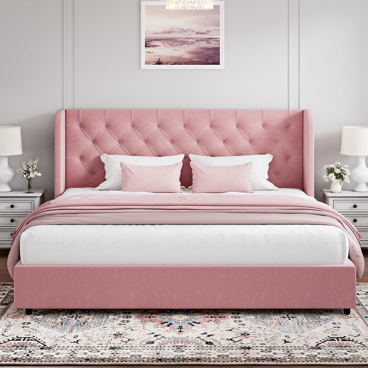 King Size Bed Frame, Pink Upholstered Bed Frame King with Wide Wingback, Softly Curved Wings Velvet Headboard, Sturdy Wooden Slats Support, No Box Spring Required, Noise Free, Easy Assembly, Pink HOMBCK