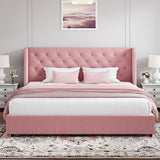 King Size Bed Frame, Pink Upholstered Bed Frame King with Wide Wingback, Softly Curved Wings Velvet Headboard, Sturdy Wooden Slats Support, No Box Spring Required, Noise Free, Easy Assembly, Pink HOMBCK