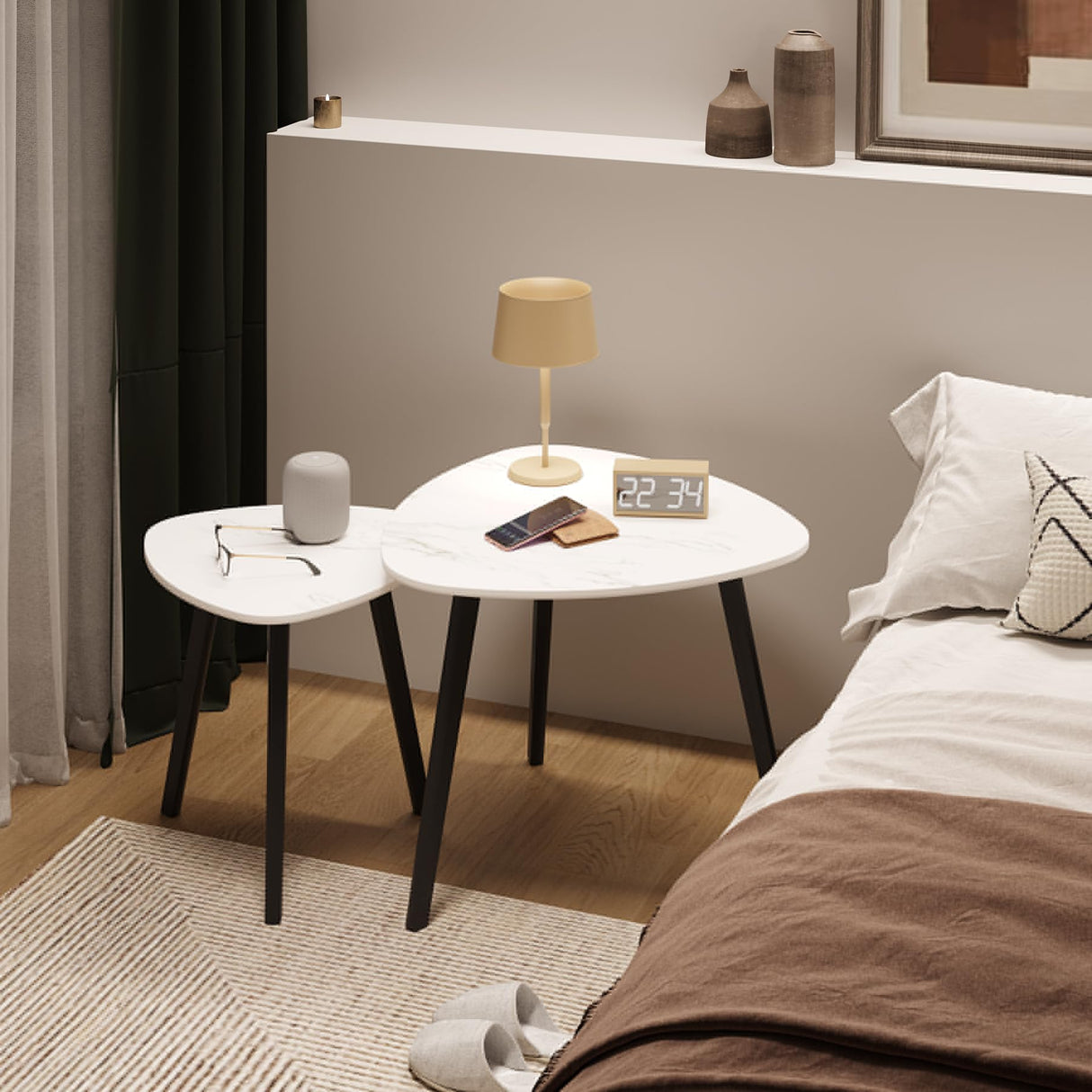 BAMEOS Bamboo Nesting Triangle End Table,Set of 2 Coffee Table Modern Minimalist Side Table for Living Room (Marble White) BAMEOS