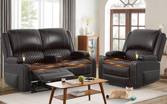 Yolsali Loveseat Recliner Sofa Set with 2-Tier Cushion, 2+1 Pieces in Living Room, 2 Seater Reclining Loveseat Leather with Removable Console, 1 Oversize Recliner Chair Sofa Seat