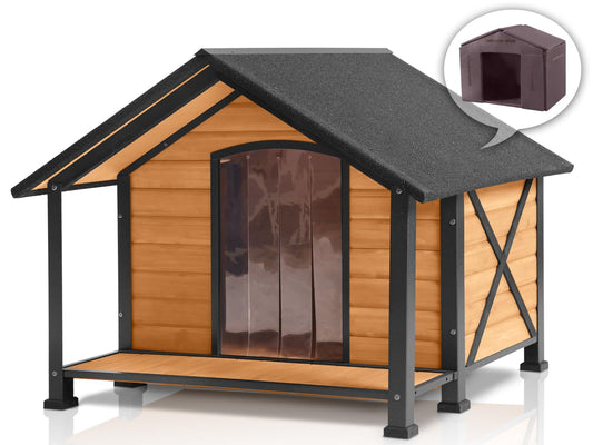 MEDEHOO Outdoor Weatherproof Dog House with Insulated - Large All-Around Iron Frame - Fir Wood Construction - Ideal for All Dog Breeds (Medium)