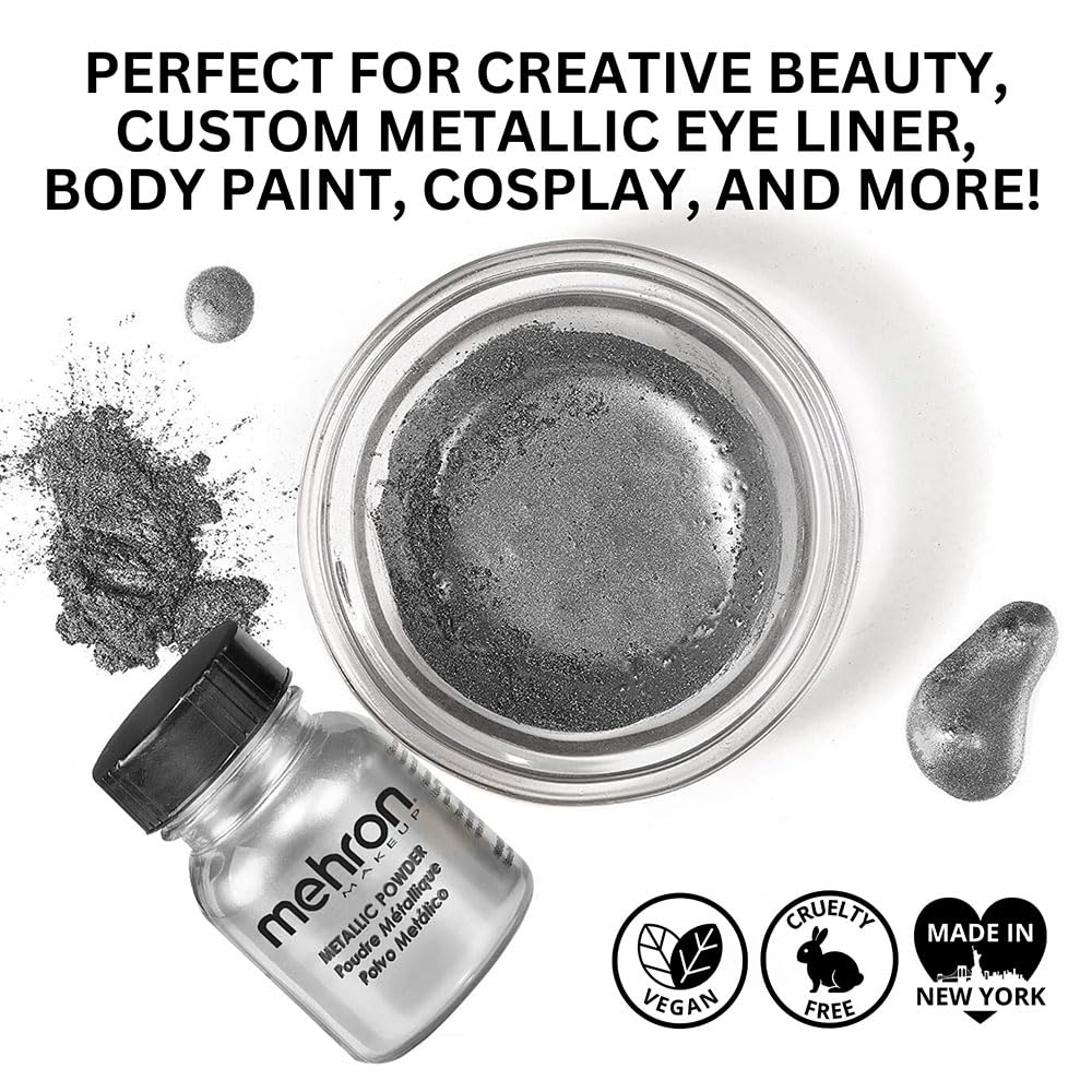 Mehron Makeup Metallic Powder | Metallic Chrome Powder Pigment for Face & Body Paint, Eyeshadow, and Eyeliner .5 oz (14 g) (Silver) Mehron