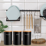 Bekith 3 Pack Kitchen Canisters with Bamboo Lids, Airtight Metal Canister Set, Food Storage Containers Jars for Coffee, Sugar, Tea, Flour, Rustic Farmhouse Kitchen Decor Containers, Black Bekith