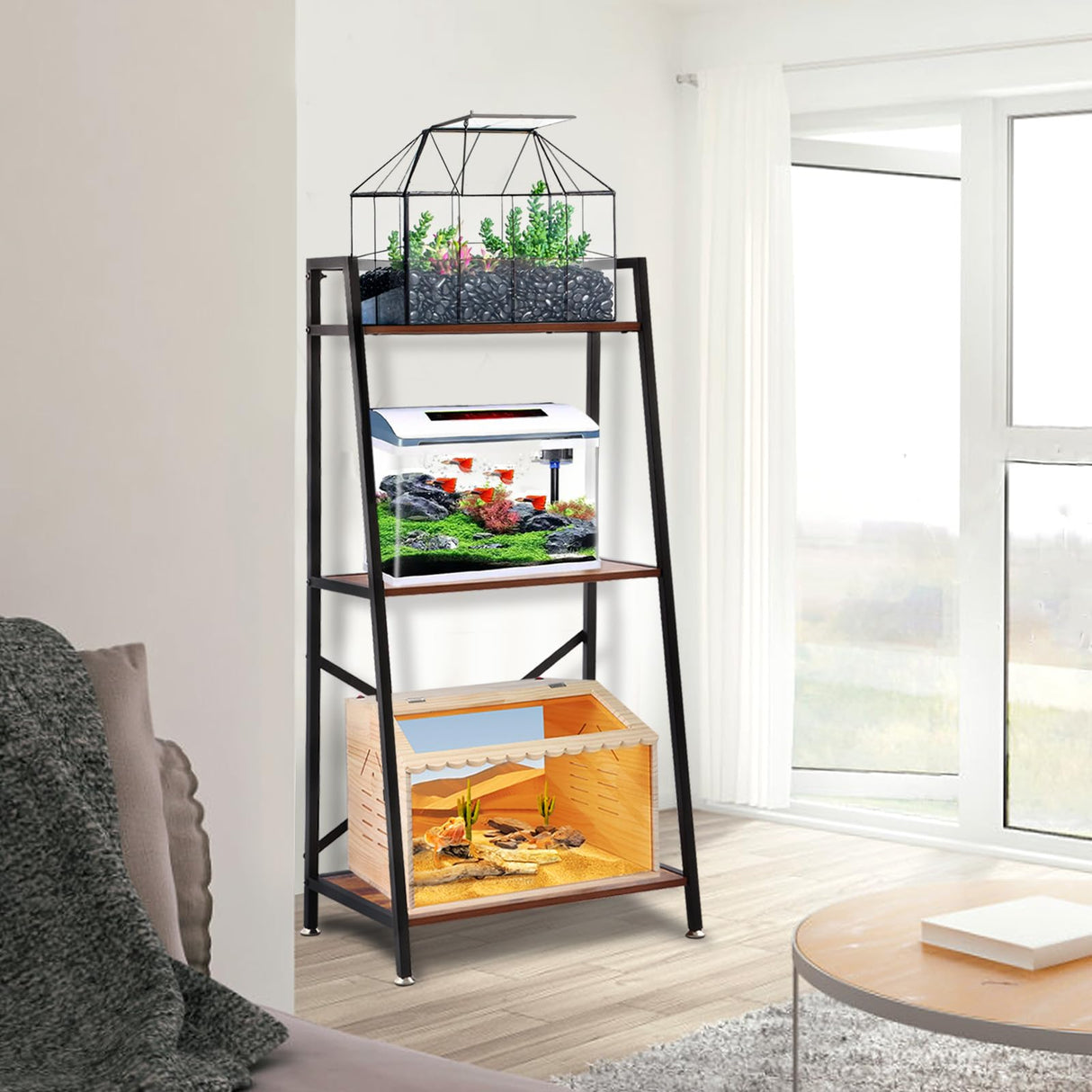 Eastern Tree Fish Tank Stand for 10-20 Gallon Aquarium, Aquarium Stand with Wooden Shelf for Storage, 3-Tiers Metal Tank Stand Fit Reptile Tank, Turtle Tank, Planting Tank, Display at Home or Office Eastern Tree