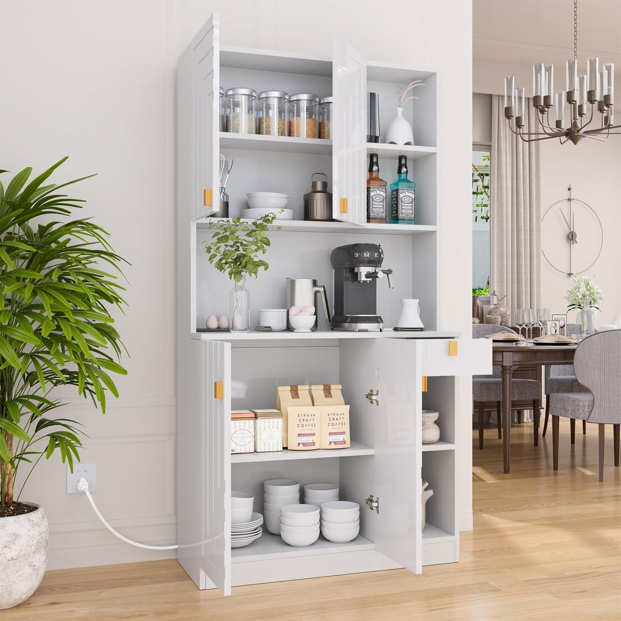 Buenhomino White Kitchen Pantry Cabinet, 71" Hutch Cabinet with Countertop & Power Outlet & Adjustable Shelves, High Gloss Wood Buffet Cabinet with Microwave Stand for Living Room, Dinning Room Buenhomino