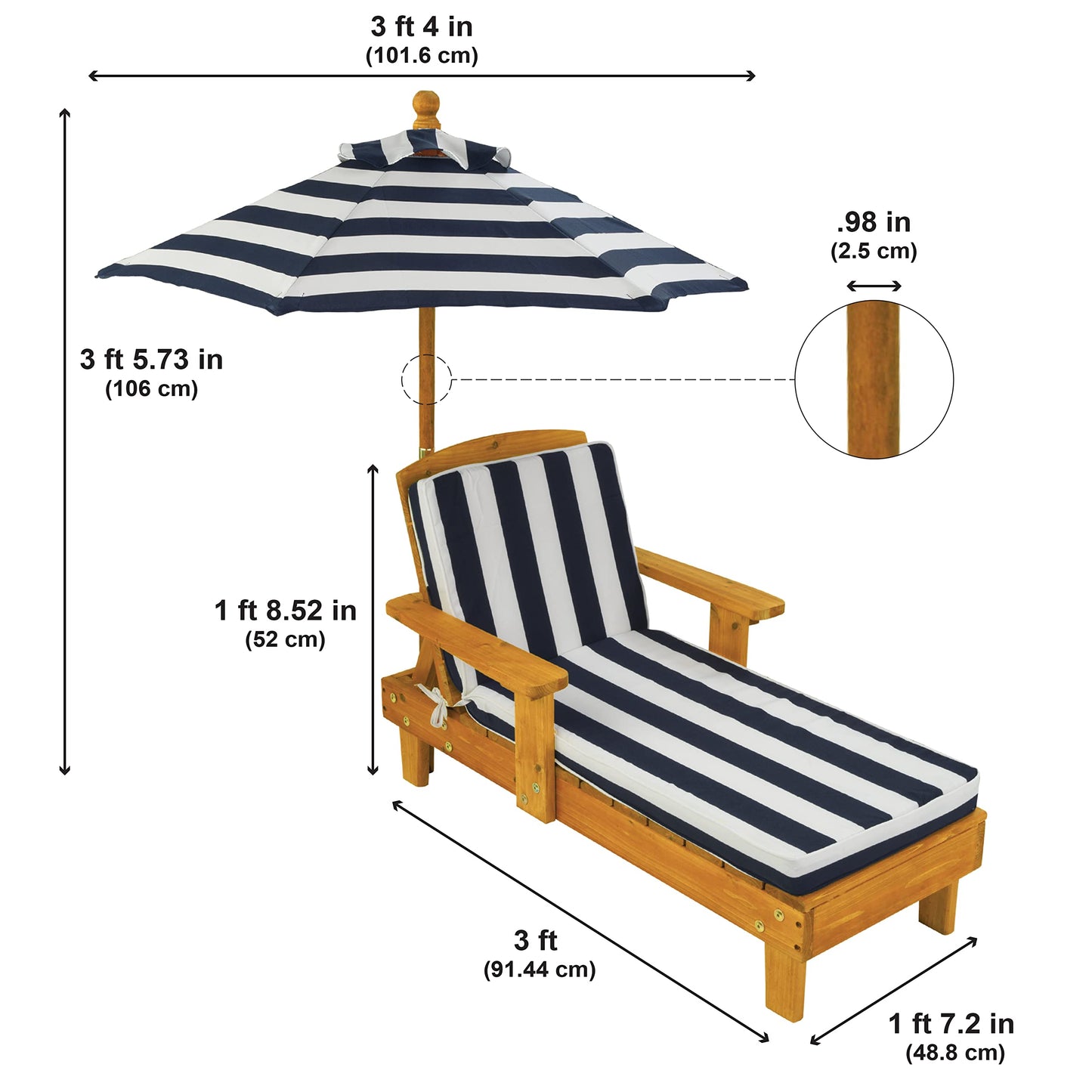 KidKraft Outdoor Wooden Chaise Lounge, Backyard Furniture Chair with Umbrella and Cushion, for Kids or Pets, Navy and White Striped Fabric