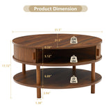 XUZENEST 31.5” Round Coffee Table with Storage, Mid Century Modern 2 Tier Coffee Table with Tambour Sliding Door, Solid Wood Legs Fluted Center Table for Living Room Home Office Small Space, Walnut XUZENEST