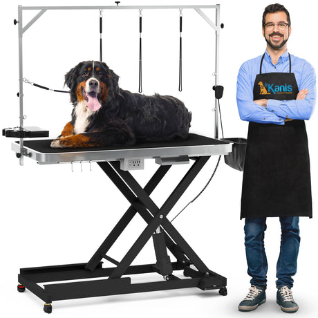 Professional Electric Dog Grooming Table - Heavy Duty, Height Adjustable Pet Grooming Table w/Leveling Wheels, Dog Grooming Arm, Anti Slip Tabletop & Tool Organizer/Dog Grooming Station (49", BLACK) KANIS