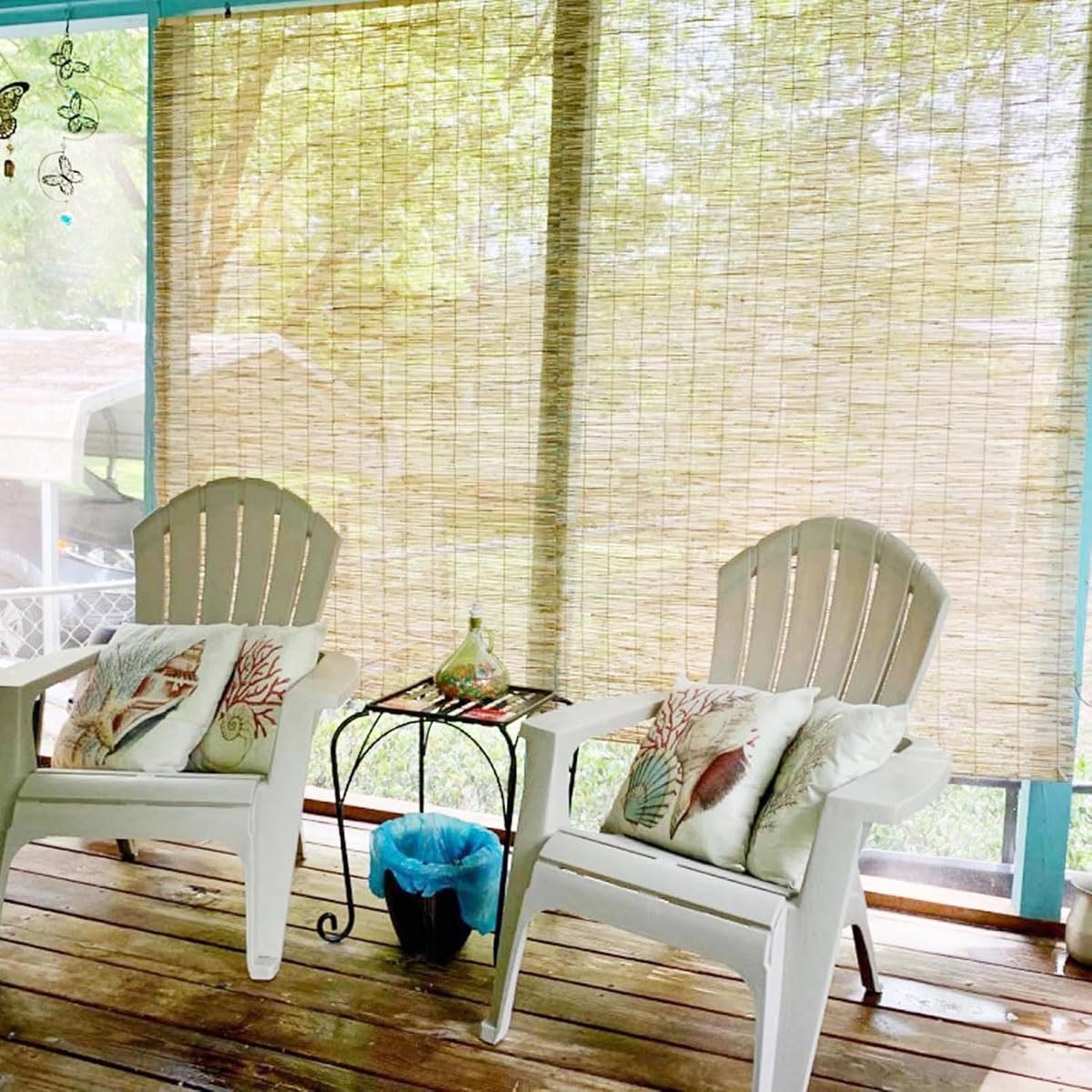 Outdoor Bamboo Roll-up Shades for Porch Patio Privacy Screen, Bamboo Blinds for Windows, 28" 34" 40" 42" 56" 66" 70" 76" UV Resistant Reed Roller Shades with Lifter, Cordless Blackout Curtains KAKVSRBPER
