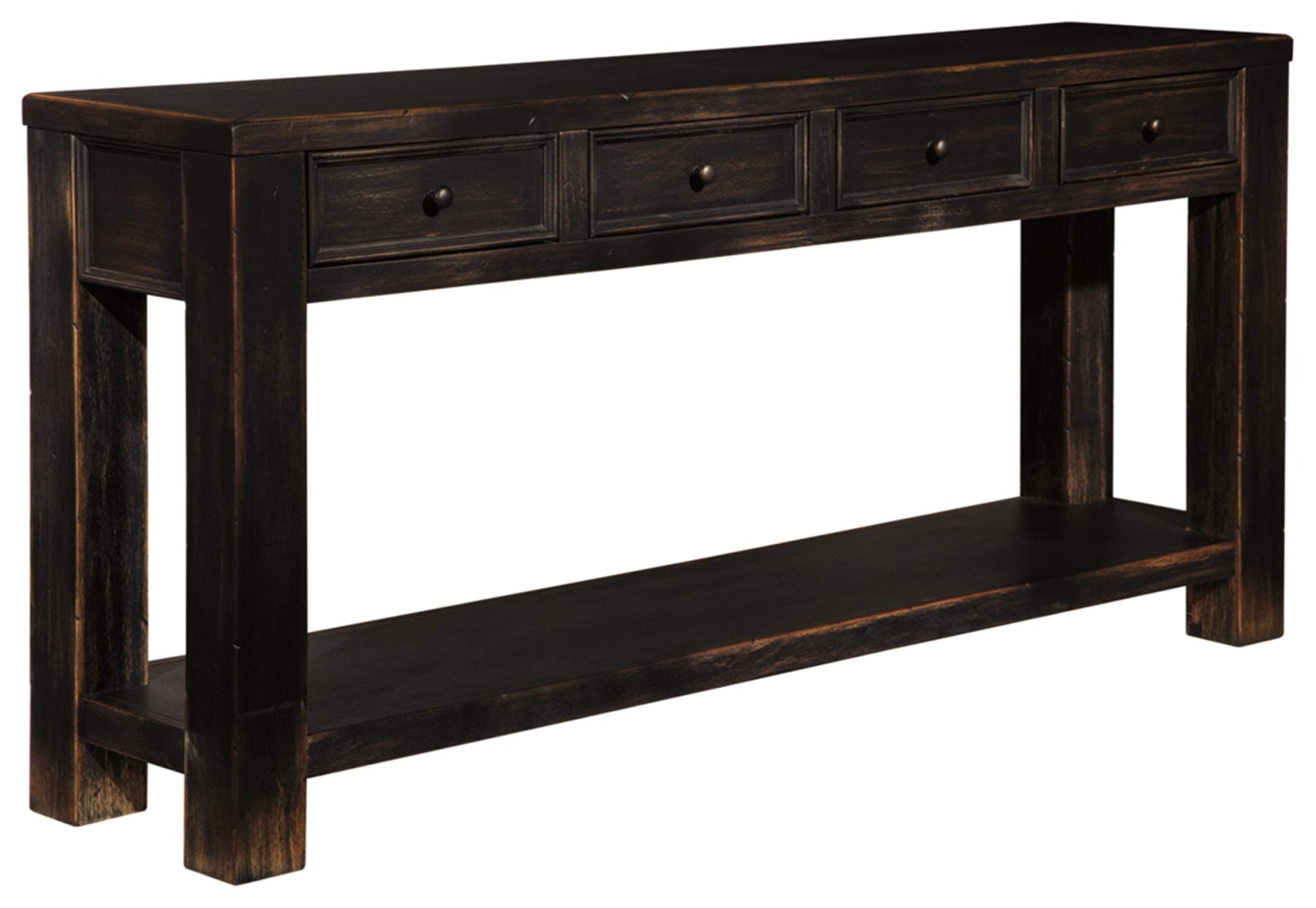 Signature Design by Ashley Gavelston Rustic Sofa Table with 4 Drawers and Lower Shelf, Weathered Black - WoodArtSupply